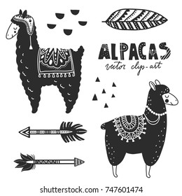 Hand drawn monochrome vector illustration. Llamas or alpacas. Scandinavian style. For nursery room posters, greeting cards, apparel and other. Black and white.