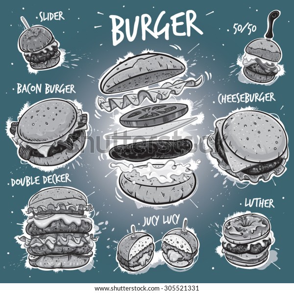 Hand drawn monochrome vector illustration of 8\
popular burgers, including hamburger, cheeseburger, bacon burger,\
double decker burger, slider burger, luther burger, juicy lucy\
burger, 50/50 burger.