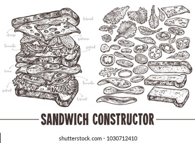 Hand drawn monochrome vector sandwich with ingredients. Sketch illustration burger products components and elements. Constructor for fast food restaurant menu