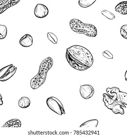 Hand drawn monochrome vector seamless pattern of walnuts, hazelnuts, pistachios, peanuts. sketch. Vector eps 8.