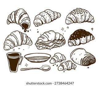 Hand drawn monochrome vector set of croissants and coffee perfect for invitations, menus, parties. La dolce vita minimalist line art for poster, placard, print, card.