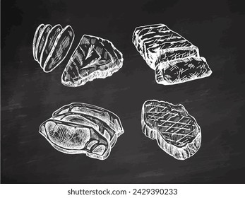 Hand- drawn monochrome vector sketches of grilled beef steaks, pieces of meat. Vintage illustration on chalkboard background. Decorations for menu. Engraved image.	