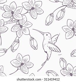 Hand drawn monochrome version of seamless pattern with humming bird colibri and flowers in vector. Doodle style floral illustration with hummingbird