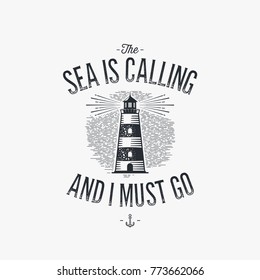 Hand Drawn Monochrome Vintage Nautical Label, Clothing Apparel Print, Retro Badge Vector Illustration With Lighthouse.