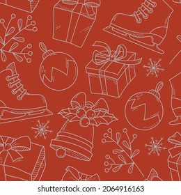 Hand drawn monochrome vintage skatched seamless pattern with gift boxes, skates, Christmas tree decoration, bells on a red background. Happy vector Christmas background texture.