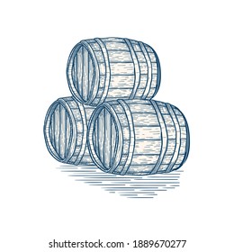 Hand drawn monochrome wooden barrels