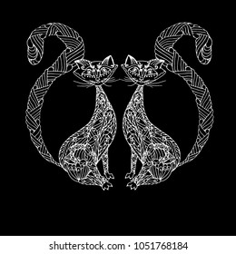 Hand drawn monochrome zentangle two cats for T-shirt print stock vector illustration