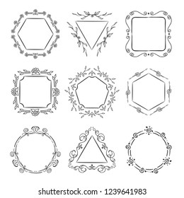 Hand drawn monogram template set. Simple design for wedding card, emblem or company logo. Abstract floral frame ornament for single letter. Vector illustration isolated on white background