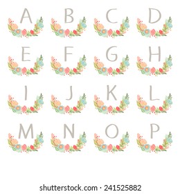 Hand drawn monogram wreath table card A to P. Vector illustration