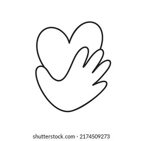 Hand drawn monoline hand holding heart Encourage donate logo. Stop war in Ukraine. Concept idea of donation and help icon. Protection from Russian invaders.