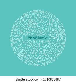 Fondo del conjunto de doodles de la farmacia dibujado a mano con letras en banner vectorial