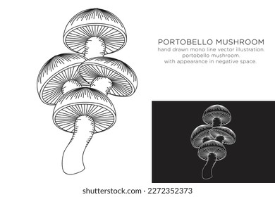 hand drawn monoline vector illustration.
portobello mushroom.
whith appearance in negative space.