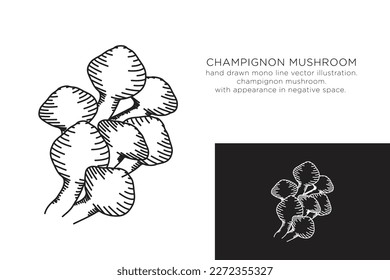 hand drawn monoline vector illustration.
champignon mushroom.
whith appearance in negative space.