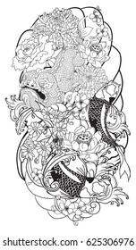 Hand drawn Monster of Buddhism and Koi fish tattoo ,Japanese and Thai carp line drawing coloring book vector image.