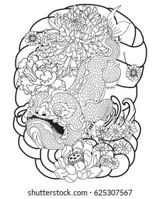 Hand drawn Monster of Buddhism  tattoo ,Animal mixed between dragon and fish. Thai Language call "Morm"
