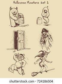Hand drawn monster doodles in ink. Ideal for apothecary bottles and greeting cards and more. Clean vector for easy editing.