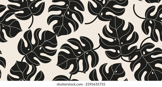 Hand drawn monstera leaf seamless pattern. Black and white exotic background with tropical leaves. Design for fabric, textiles, clothing, wrapping, cover, decor, wallpaper.