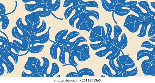 Hand drawn monstera leaf seamless pattern. Blue exotic background with tropical leaves. Design for fabric, textiles, wrapping, cover, decor, wallpaper.