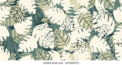 Hand drawn monstera leaves seamless pattern. Philodendron plant. Tropical pattern, botanical leaf wallpaper. Design for fabric, textile print, wrapping paper, interior. Vector illustratition