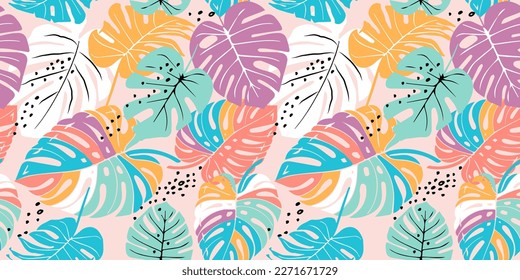 Hand drawn Monstera leaves seamless patterns for fabric, textiles, clothing, wrapping paper, cover, banner, interior decor, retro abstract backgrounds. 