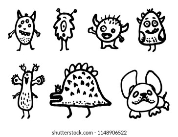 Hand Drawn monsters doodles set. Sketch style icons. Decoration element. Isolated on white background. Flat design. Vector illustration.