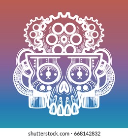 Hand drawn monsters skull with brain of gears on colorful background, vector illustration