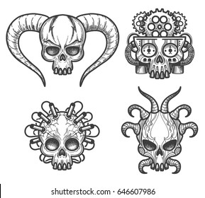 Hand drawn monsters skull set vector illustration. Evil Skulls with horns, dynamite and brain of gears for tattoos isolated on white background