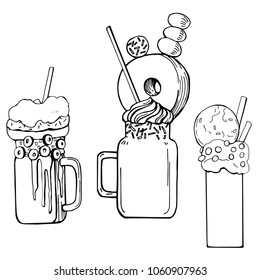 Hand drawn monstershakes. Freak And Crazy Milkshakes. Vector sketch illustration