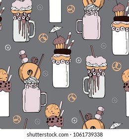 Hand drawn monstershakes. Freak And Crazy Milkshakes.  Vector  seamless pattern