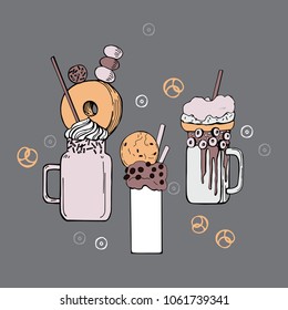 Hand drawn monstershakes. Freak And Crazy Milkshakes. Vector sketch illustration