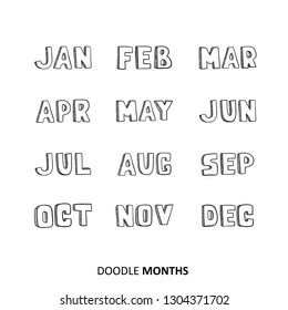 Hand drawn monthly set with black pencil handwriting. Doodle month name on white isolated background for decoration. memo, cards, planner and journal.