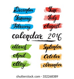 Hand drawn months of the year: December, January, February, March, April, May, June, July, August, September, October, November on the ink texture background. 