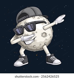 Hand drawn Moon character wearing grey cap, sunglasses doing dab dance, bright dabbing moon gesture