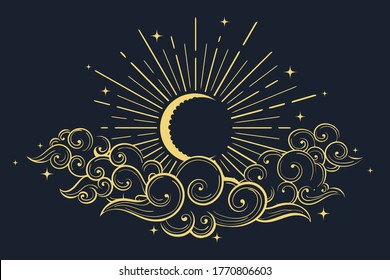 Hand drawn Moon in the cloudy sky. Decorative graphic design in oriental style. Vector  illustration