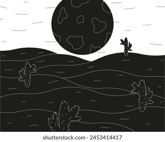 Hand Drawn moon in desert in trend Brazilian Cordel style.  Minimalism black and white Summer art in Woodcut style. Doodle vector can used poscard, banner, poster, card cover template. EPS 10