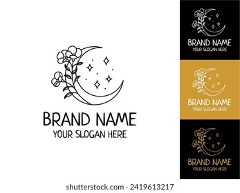 Diseño de logotipo de luna dibujada a mano y flores