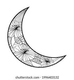 Hand drawn moon with flowers, mandalas and paisley. Black and white floral pattern. moon, zentangle, flowers