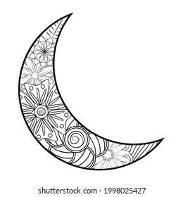 Hand drawn moon with flowers, mandalas and paisley. Black and white floral pattern. moon, zentangle, flowers