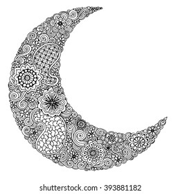 Hand drawn moon with flowers, mandalas and paisley. Black and white floral pattern. 