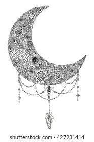 Hand drawn moon with flowers, mandalas and paisley. Black and white floral pattern. Moon card for the holy month of Ramadan. Vector Illustration.