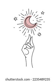Hand drawn, hand and moon icon, logo for cosmetics, astrology, tarot, mystical boho vector illustration. Design element for handmade goods, eco shop.