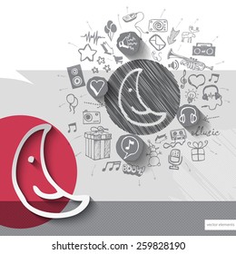 Hand drawn moon icons with icons background. Vector illustration