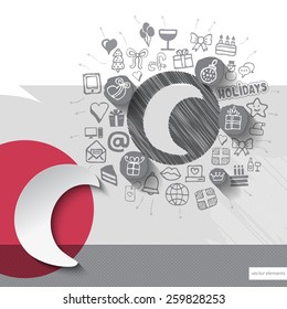 Hand drawn moon icons with icons background. Vector illustration