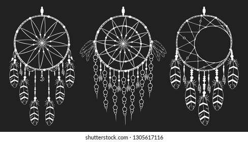 Hand drawn moon lace dream catcher collection in boho style. Magic tribal indian tattoo. Traditional aztec print.