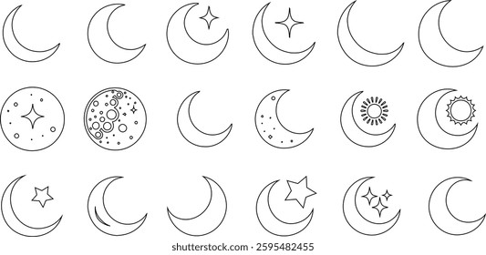 hand drawn Moon line art set, crescent, star, celestial, lunar, astrology, astronomy, cosmic, night, minimal outline vector illustration