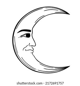 Hand drawn Moon with man face. Spiritual symbol celestial space. Magic talisman, antique style, boho, tattoo, logo. Vector illustration isolated on a white background.