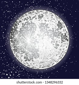 Hand drawn moon shiny on dark blue space background in cosmos or stars. Retro style. Astrology or astronomy element grouped by colour. Vector 
