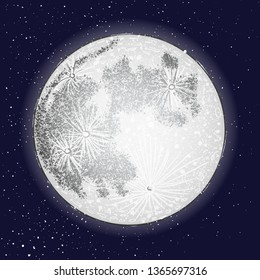 Hand drawn moon shiny on dark blue space background in cosmos or stars. Retro style moon grouped by color textures. Astrology or astronomy element. Vector 