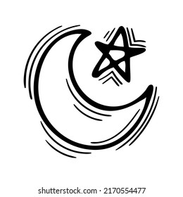 Hand drawn moon and star. Astrological symbol. Magical sign. Doodle crescent moon. Vector illustration