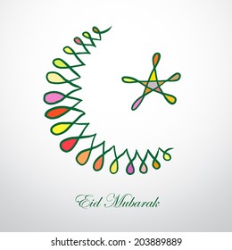 Hand drawn moon and star on white background for holy month of muslim Eid Mubarak. Greeting card design.